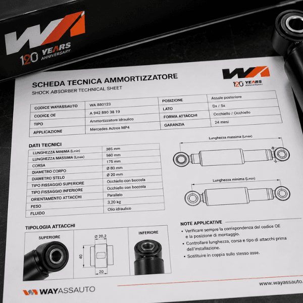 Scheda tecnica ammortizzatore con misure, corsa e attacchi per camion